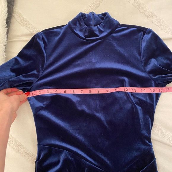 Ronny Kobo Marlinna Blue Velvet Long Sleeve Mock Neck Mini Dress - Size Small - Picture 8 of 11